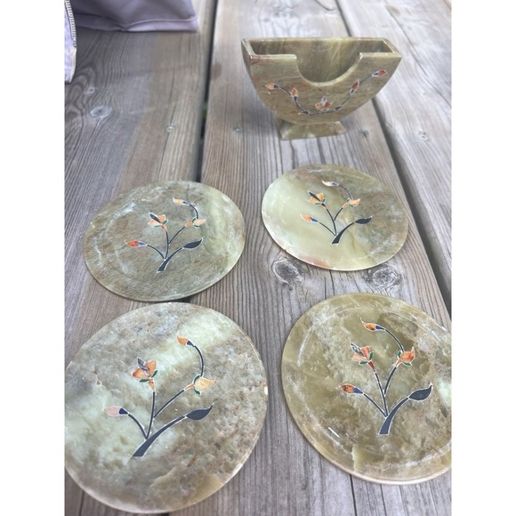 Soap Stone Coaster Set Of 4 With Mother Of Pearl Inlay Of Flowers Mint Condition - Picture 9 of 16